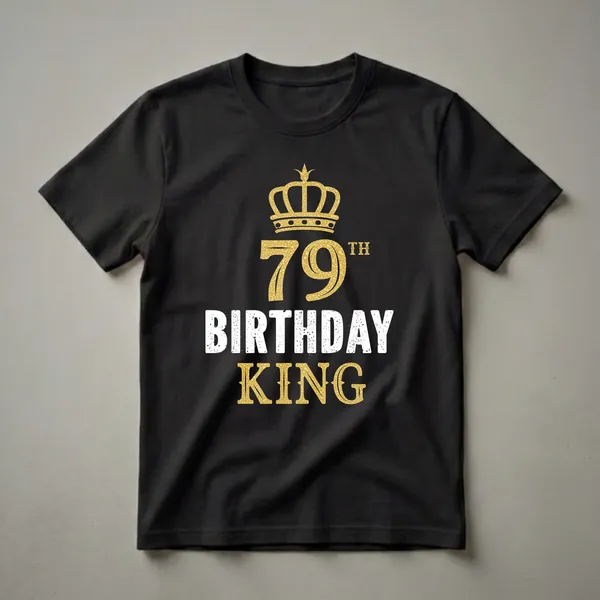 Black t-shirt with a golden crown graphic above the number 79 and the words BIRTHDAY KING in distressed white and gold lettering.