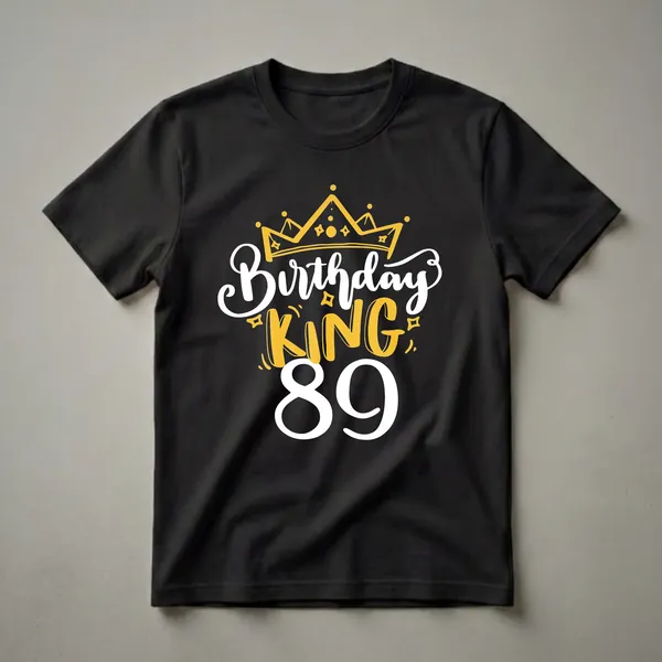 Black t-shirt with a golden crown graphic and the words 'Birthday KING 89' in white and gold lettering, with small starburst accents.