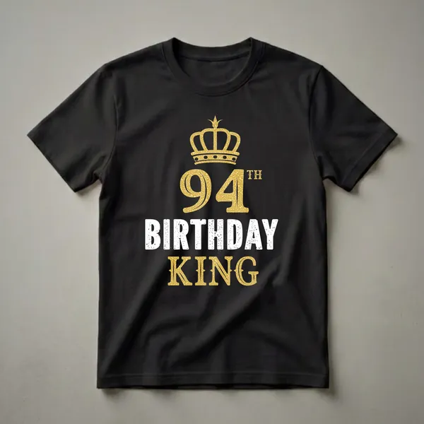 Black t-shirt with a golden crown above the number 94 and the words BIRTHDAY KING in distressed white and gold.