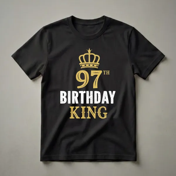 Black t-shirt with a golden crown graphic above the number 97 and the text '97TH BIRTHDAY KING' in distressed white and gold.