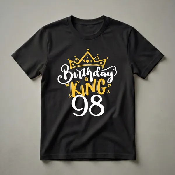 Black t-shirt with a graphic design that reads 'Birthday KING 98' in white and yellow lettering, topped with a golden crown.