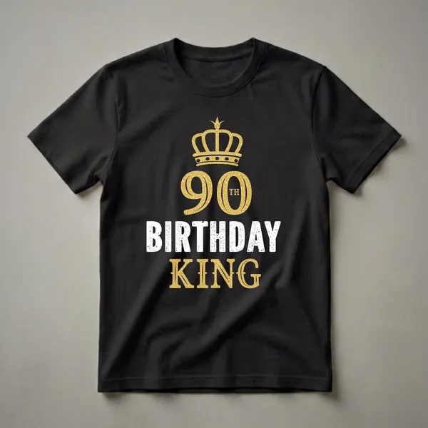 Black t-shirt with a gold crown above '90th' in gold glittery numbers, followed by 'BIRTHDAY KING' in distressed white letters.