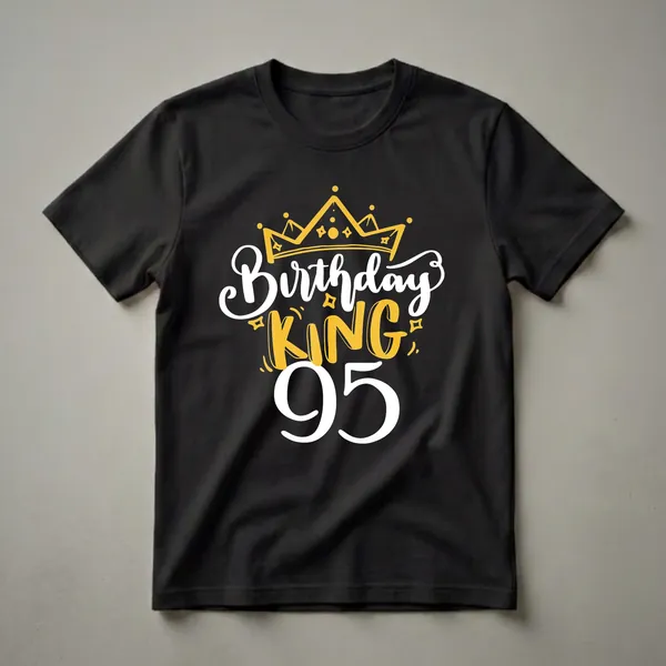 Black t-shirt with a yellow crown graphic and white and yellow text that reads 'Birthday King 95'.