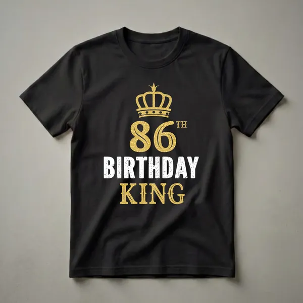 Black t-shirt with a gold textured crown above the number 86 and the words 'BIRTHDAY KING' in distressed white and gold lettering.