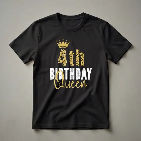Black t-shirt with a gold glitter crown and the number 4 made of gold circles, followed by 'BIRTHDAY QUEEN' in distressed white and gold script.
