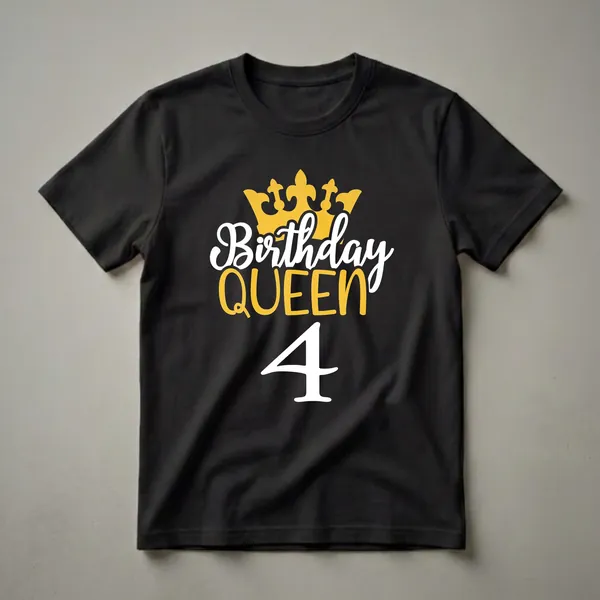 Black t-shirt with white and gold graphic text that reads 'Birthday QUEEN 4', featuring a golden crown above the text.
