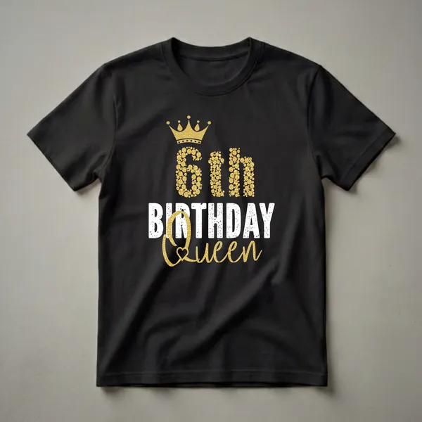Black t-shirt with a gold glitter crown and '6th Birthday Queen' text in gold and distressed white.
