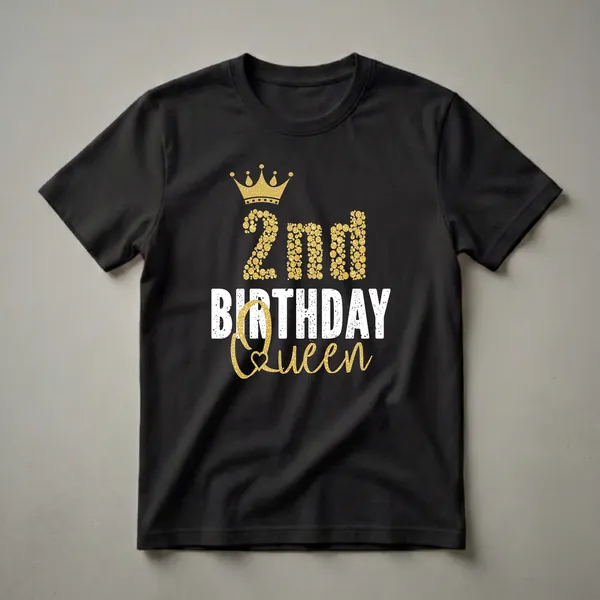 Black t-shirt with a golden glitter crown and '2nd Birthday Queen' text in glitter and distressed white font.