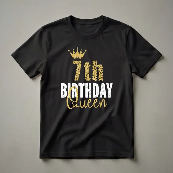 Black t-shirt with a gold glitter crown and '7th Birthday Queen' text in distressed white and gold glitter.