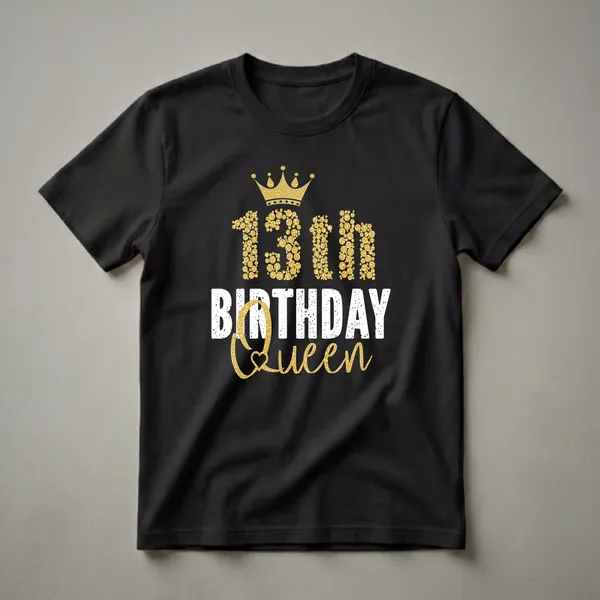 Black t-shirt with gold glittery text that reads '13th Birthday Queen' and a golden crown graphic.