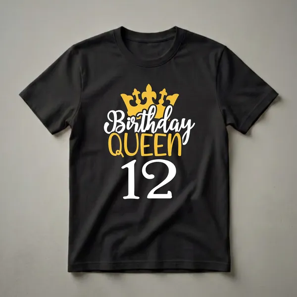 Black t-shirt with a graphic design that includes a golden crown, the words 'Birthday Queen' in white and gold, and the number '12' in white.