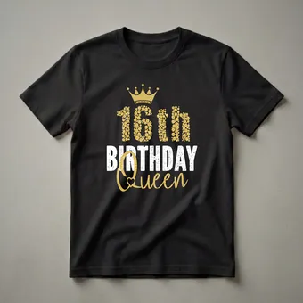 16th Birthday Queen Glitter Crown Graphic T-Shirt for Girls