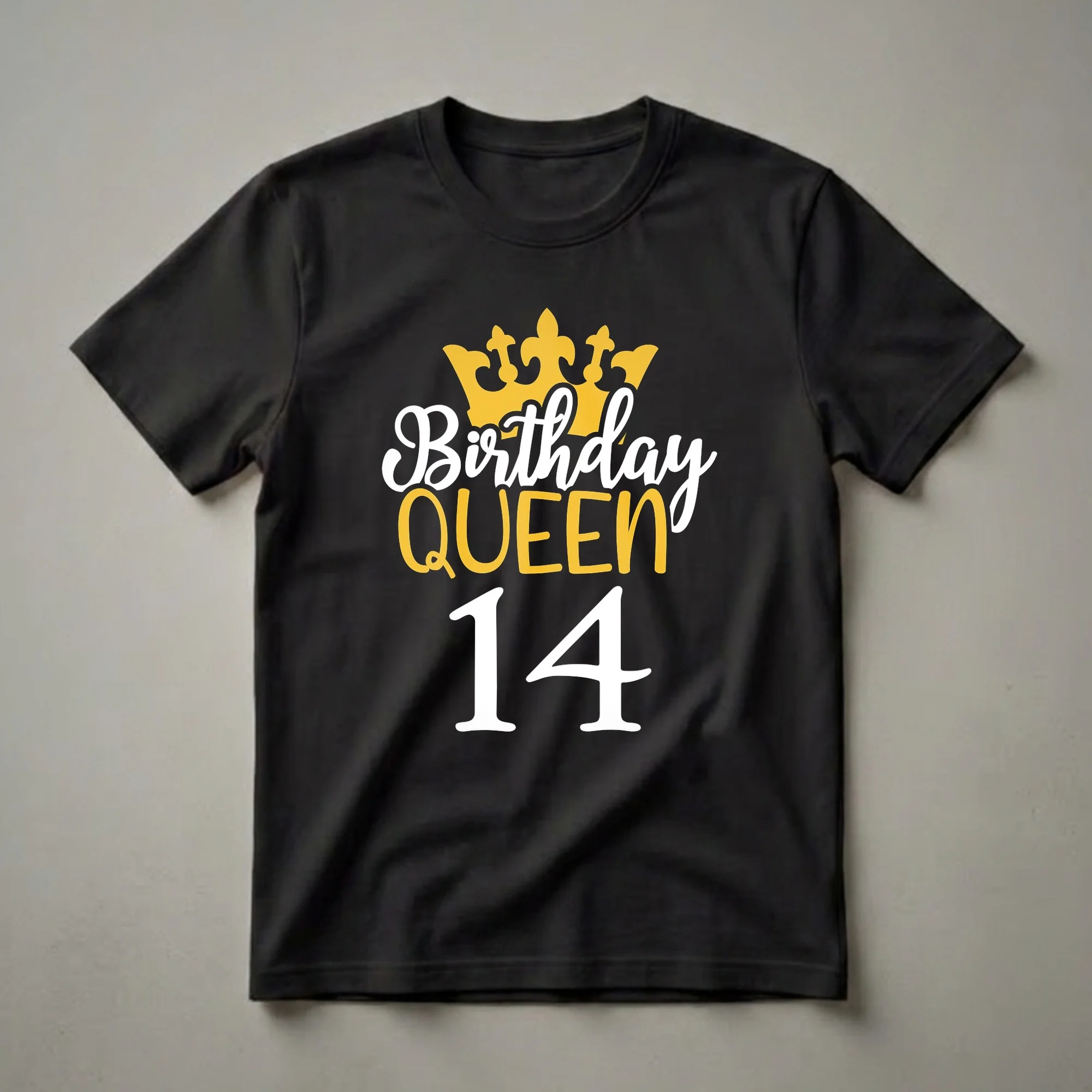 Black t-shirt with a golden crown graphic above the words 'Birthday QUEEN' in white and gold, and the number '14' in large white font.