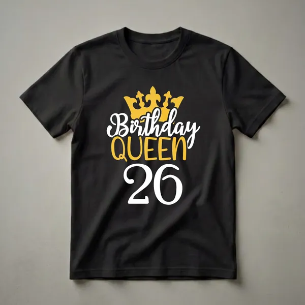 Black t-shirt with a golden crown above "Birthday Queen" in white and yellow text, and the number "26" in large white font.
