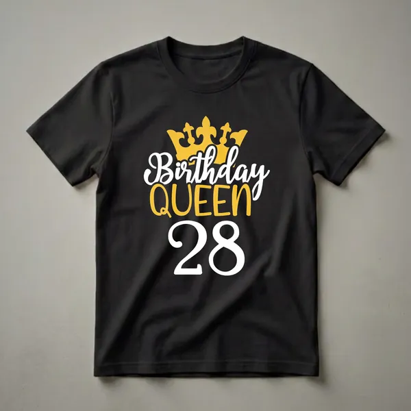 Black t-shirt with a golden crown graphic and white and gold text that reads 'Birthday QUEEN 28'.