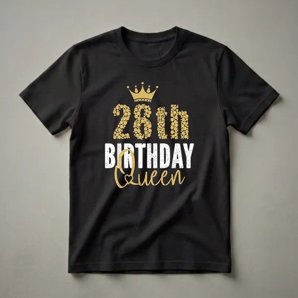 Black t-shirt with a gold crown and '28th Birthday Queen' text in gold and distressed white, celebrating a 28th birthday.
