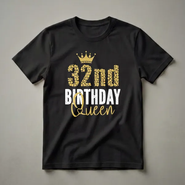 Black t-shirt featuring '32nd Birthday Queen' text design with a gold glitter crown, gold glitter numbers, distressed white text, and gold glitter script.