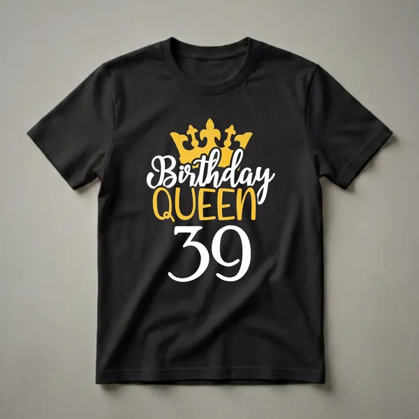 Black t-shirt with a graphic design featuring a golden crown, the words 'Birthday Queen' in white and gold, and the number '39' in white.