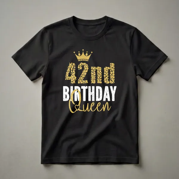 Black t-shirt featuring gold glitter '42nd' and 'Queen' text with a distressed white 'BIRTHDAY' and a gold glitter crown.