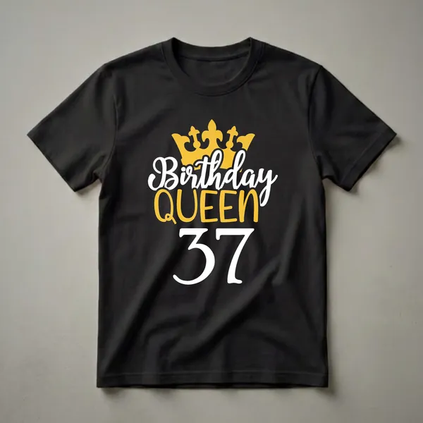 Black t-shirt with white and gold graphic text that reads 'Birthday Queen 37' with a golden crown.