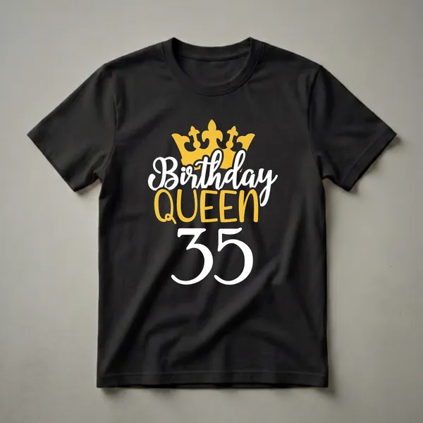 Black t-shirt with a graphic design featuring a golden crown, the words 'Birthday QUEEN' in white and yellow, and the number '35' in white.