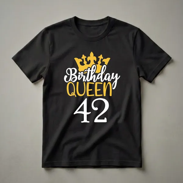 Black t-shirt with a graphic design that reads 'Birthday QUEEN 42' in white and gold lettering, topped with a golden crown.