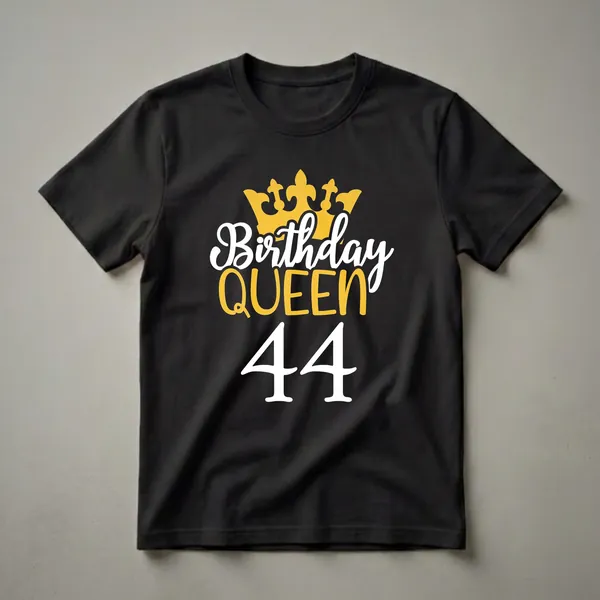 Black t-shirt with a graphic design featuring a golden crown, the words 'Birthday QUEEN' in white and gold, and the number '44' in white.