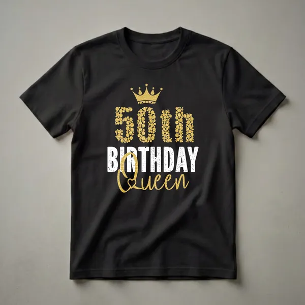 Black t-shirt with gold glitter '50' and crown graphic above distressed white 'BIRTHDAY QUEEN' text, featuring a gold glitter heart.