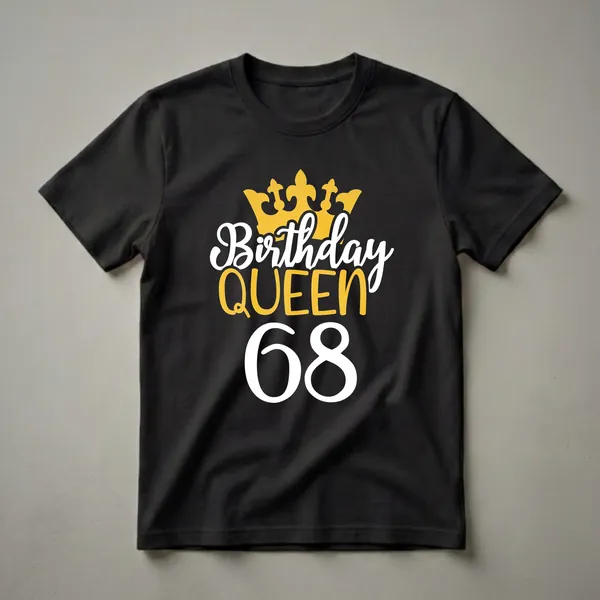 Black t-shirt with a golden crown graphic above white and gold text reading 'Birthday Queen' and large white numbers '68'.