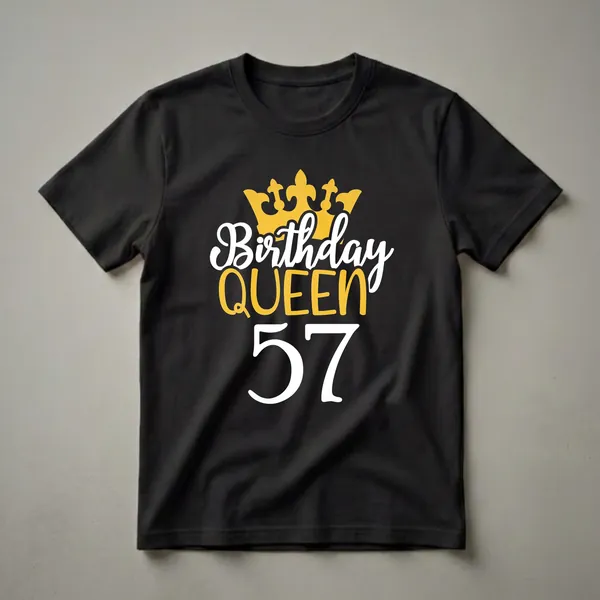 Black t-shirt with a graphic design that reads 'Birthday QUEEN 57' in white and gold lettering, topped with a golden crown.