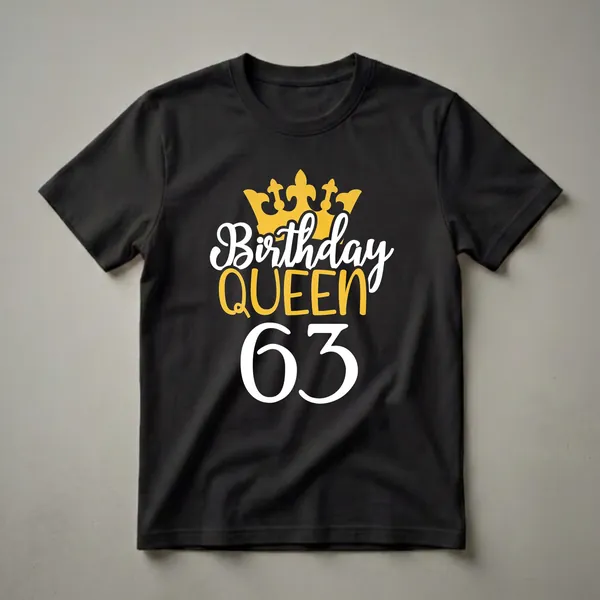 Black t-shirt with a graphic design featuring a golden crown, the words 'Birthday Queen' in white and gold, and the number '63' in white.