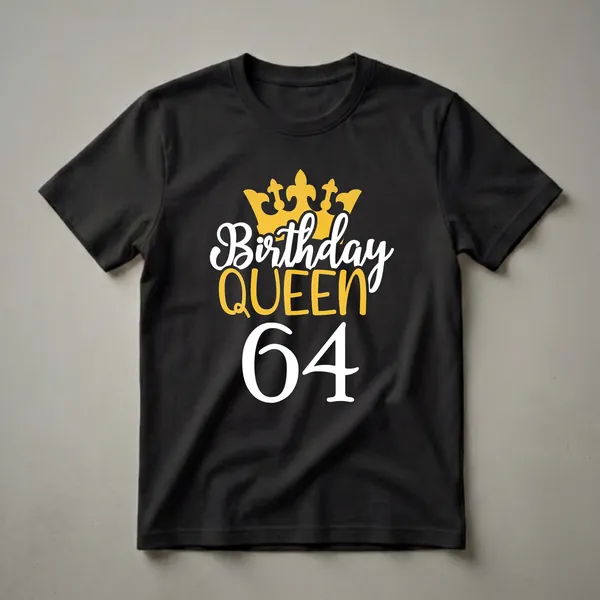 Black t-shirt with a golden crown graphic and white and gold text that reads 'Birthday Queen 64'.