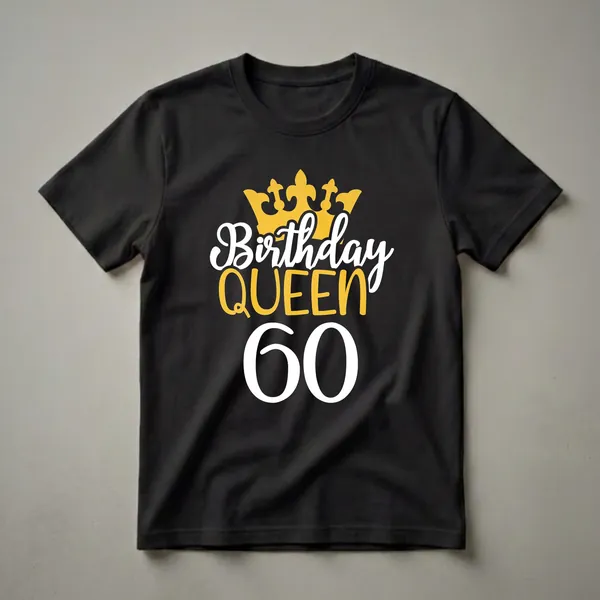 Black t-shirt with white and gold graphic text that reads 'Birthday Queen 60' with a golden crown above.
