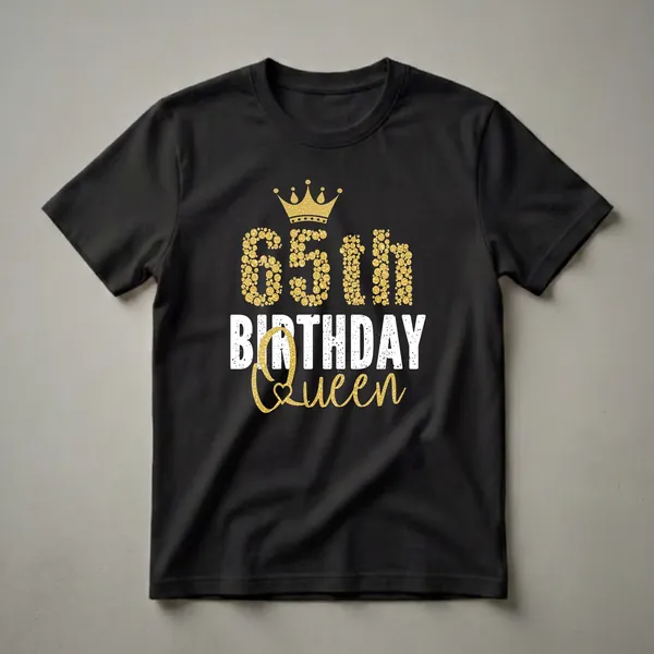 Black t-shirt with a gold glitter crown and '65th Birthday Queen' text in distressed white and gold glitter.