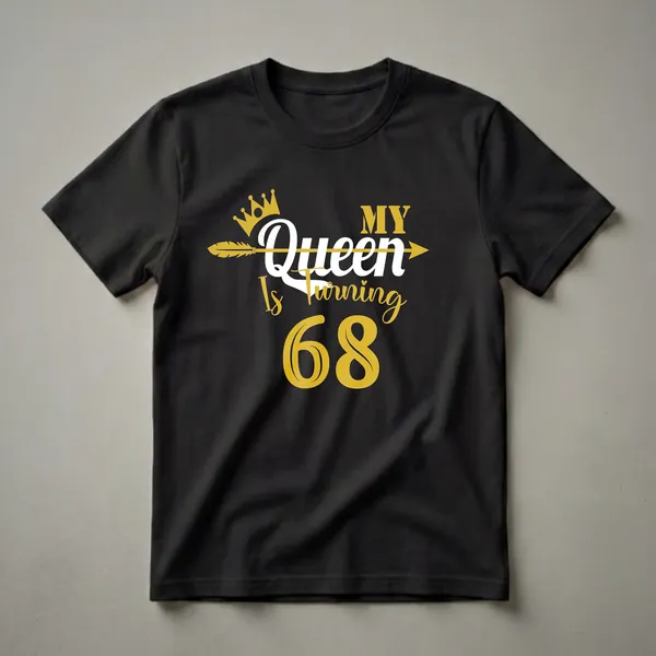 Black t-shirt with gold and white text that reads "My Queen Is Turning 68" with a gold crown and arrow graphic.