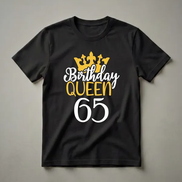 Black t-shirt with a graphic design featuring a gold crown, white 'Birthday Queen' text, and large white '65'.