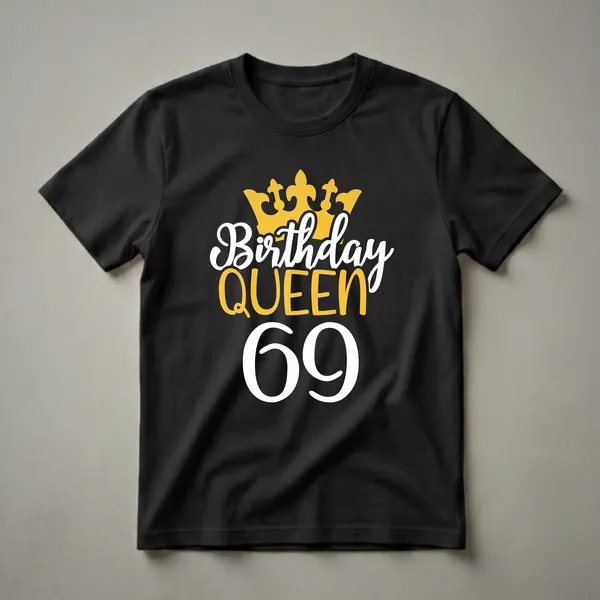 Black t-shirt with white and gold graphic text that reads 'Birthday Queen 69' with a golden crown.