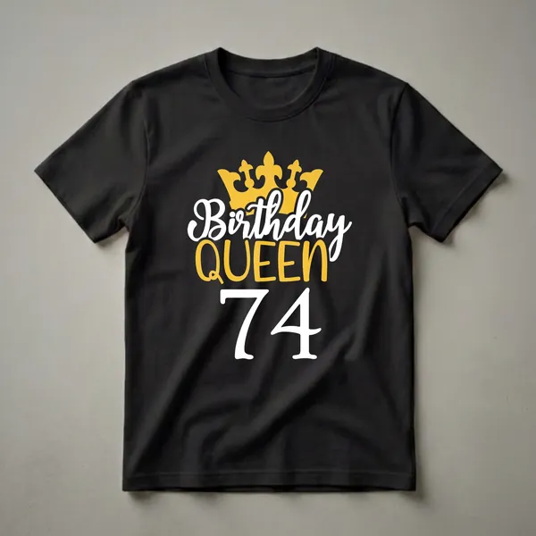 Black t-shirt with a graphic design featuring a golden crown, white and gold text reading 'Birthday QUEEN', and large white numbers '74'.
