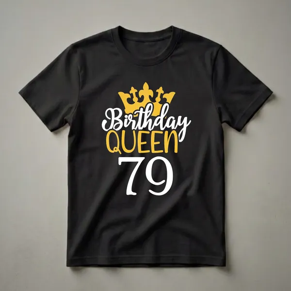 Black t-shirt with a golden crown graphic above "Birthday Queen" in white and gold text, and the number "79" in white.