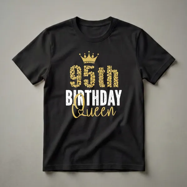 Black t-shirt with gold bubbly numbers and script that reads '95th Birthday Queen' and a golden crown graphic.