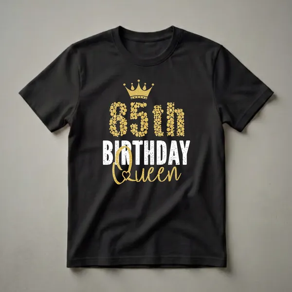 Black t-shirt with gold glitter '85th Birthday Queen' graphic, featuring a crown and distressed text.