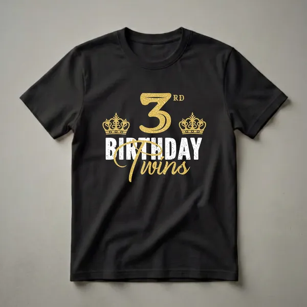 Black t-shirt with a graphic design for a 3rd birthday twins party, featuring a large textured gold number 3, two gold crowns, and the words BIRTHDAY TWINS in distressed white and gold.