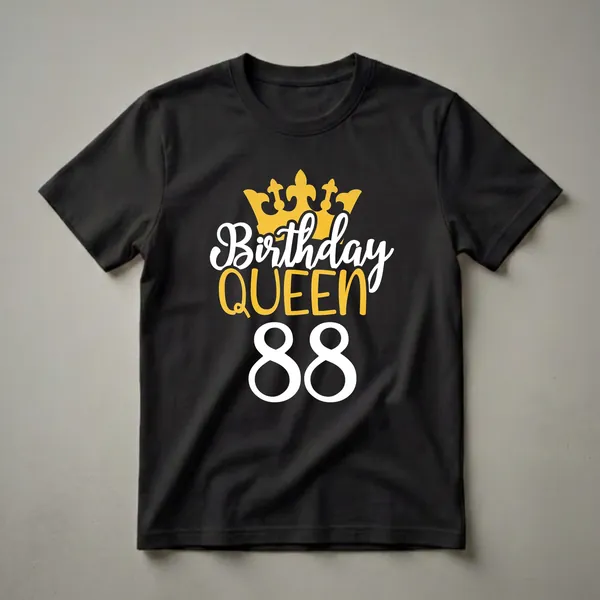 Black t-shirt with white and gold graphic text that reads "Birthday QUEEN 88" with a golden crown above.
