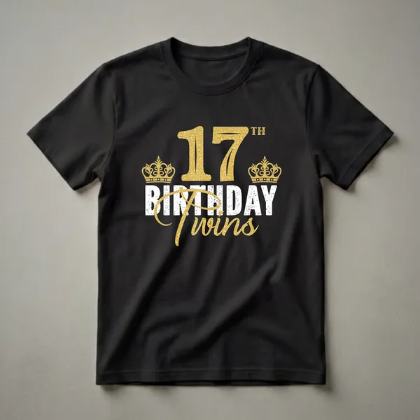 Black t-shirt with gold textured '17' and 'Twins' text, white distressed 'BIRTHDAY' text, and two golden crowns above the text.