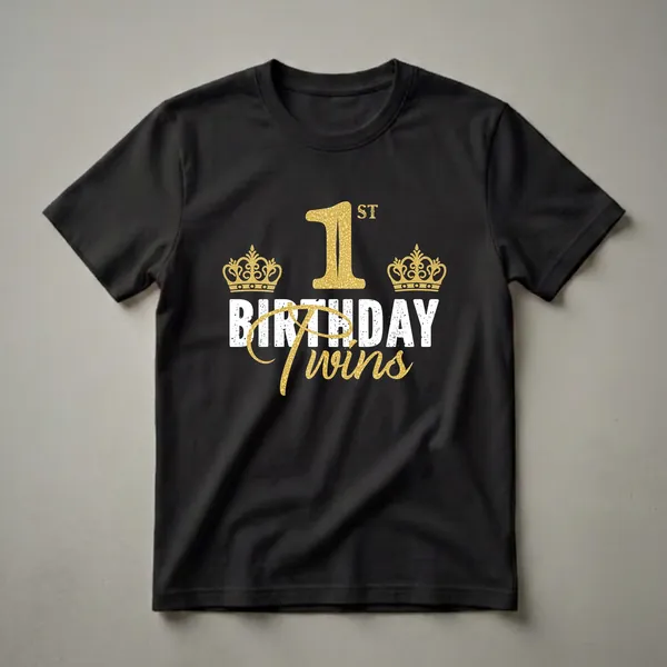 White t-shirt design with a gold glitter '1st' flanked by two ornate gold crowns, 'BIRTHDAY' in distressed white block text, and 'Twins' in gold glitter script below.