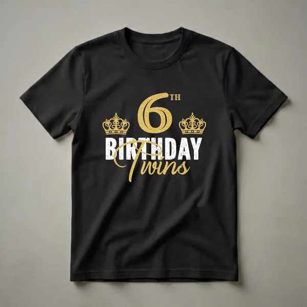 Black t-shirt with gold textured '6' and 'Twins' text, white distressed 'BIRTHDAY' text, and two gold crowns.