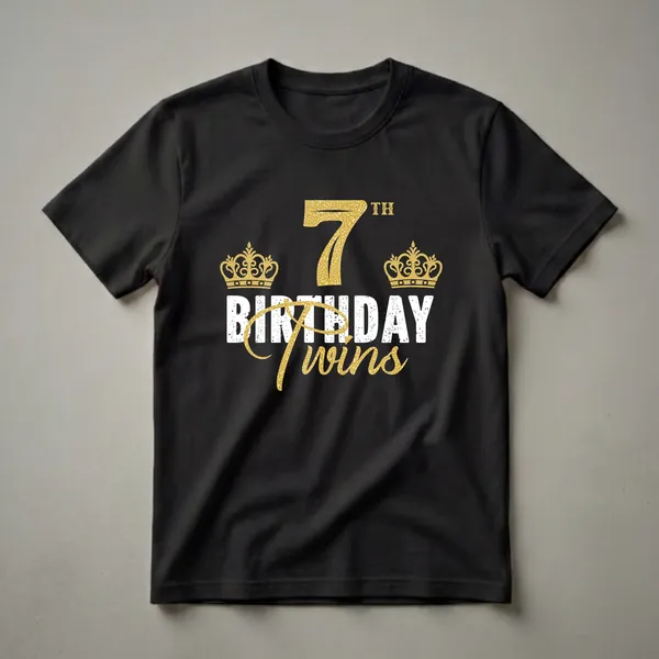 Black t-shirt with '7th Birthday Twins' text in white and gold glitter, featuring two golden crowns.