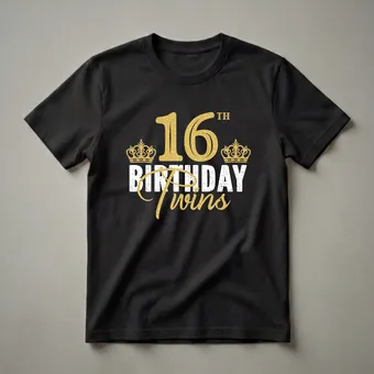 16th Birthday Twins Gold Crown Graphic T-Shirt for Teen Girls and Boys