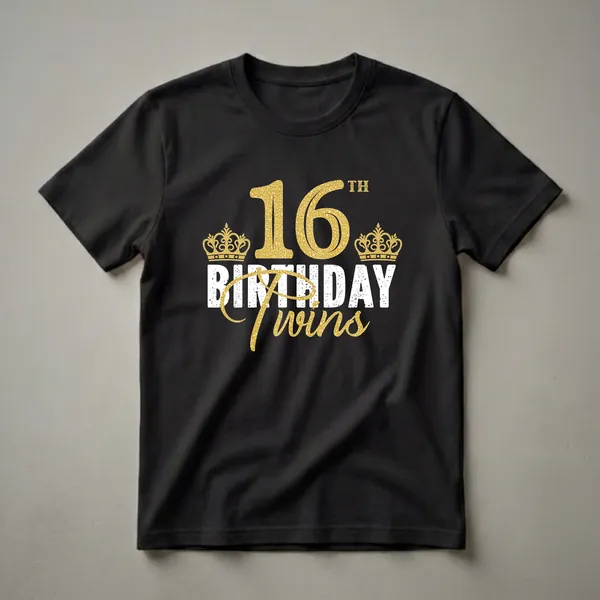 Black t-shirt with gold glitter '16' and crowns, and white distressed text reading 'BIRTHDAY Twins' for a 16th birthday celebration.