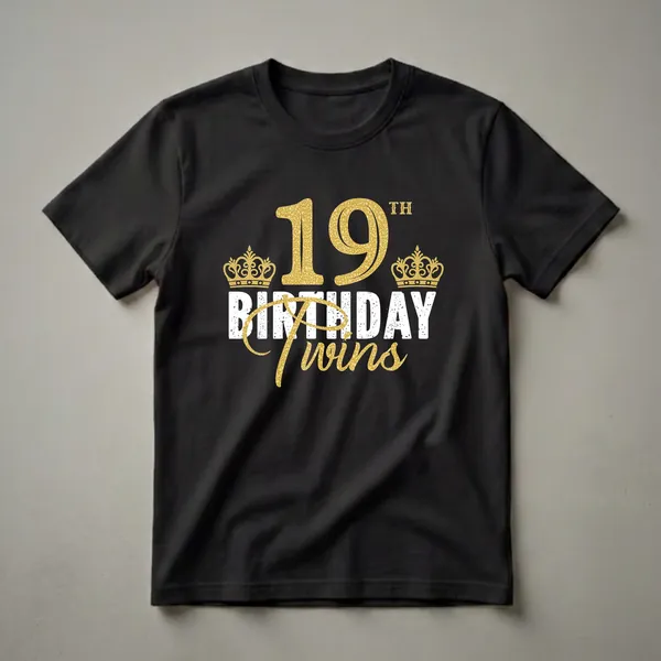 Black t-shirt with a gold glitter '19th' and crowns above distressed white 'BIRTHDAY' and gold glitter 'Twins' text.